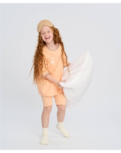 Пижама с футболкой оверсайз и велосипедками для девочки оранжевая с принтом Button blue