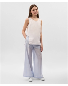 Брюки для девочки прямого свободного кроя из полупрозрачного текстиля на подкладке голубые Gulliver