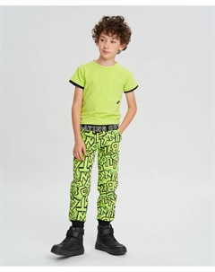 Джоггеры с поясом на резинке и олловер принтом салатовые для мальчика Button blue