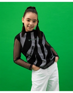 Лонгслив из трикотажа и сетки чёрный для девочки Gulliver