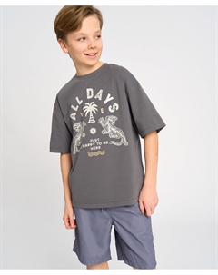 Футболка с коротким рукавом для мальчика серая оверсайз с принтом Button blue