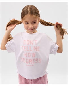 Футболка для девочки с глянцевым шрифтовым декором белая Gulliver