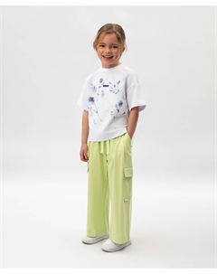 Брюки прямые для девочки с карманами-карго из мерсеризированного интерлока салатовые Gulliver