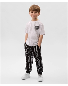 Брюки-джоггеры для мальчика из футера с принтом черные Gulliver