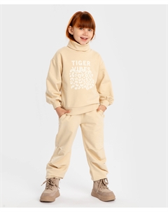 Джоггеры с защипами на коленях, поясом на резинке и принтом бежевые для девочки Button blue