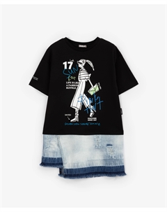 Платье комбинированное из трикотажа и денима черное для девочки Gulliver