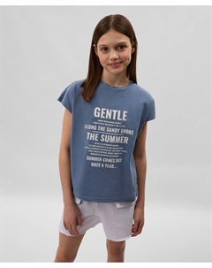 Футболка для девочки силуэта умеренный оверсайз из вареного трикотажа синяя Gulliver