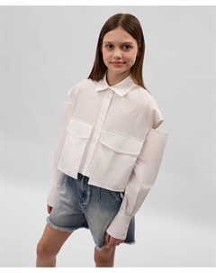 Блузка с длинным рукавом детская белая укороченная с разрезами на плечах Gulliver