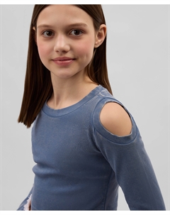 Лонгслив для девочки укороченный с открытым плечом из вареного риба синий Gulliver