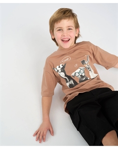 Футболка с коротким рукавом для мальчика оверсайз коричневая с принтом Button blue