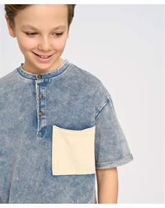 Футболка хенли с коротким рукавом для мальчика синяя с карманом Button blue