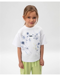 Футболка для девочки с цветочным принтом и декором из пайеток белая Gulliver