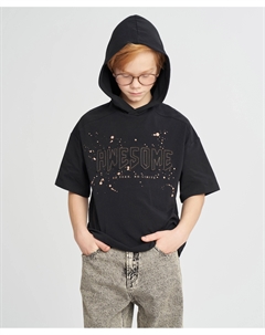 Футболка с капюшоном и коротким рукавом для мальчика черная с аппликацией Button blue