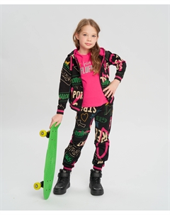 Джоггеры с олловер принтом и поясом на резинке черные для девочки Button blue