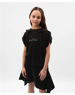 Жилет трикотажный для девочки силуэта умеренный оверсайз с капюшоном черный декором Gulliver