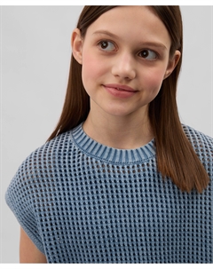 Жилет для девочки укороченный вязаный из мерсеризированной пряжи синий Gulliver