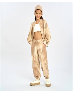 Джоггеры для девочки бежевые с поясом на резинке и защипами на коленях Button blue