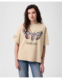 Футболка женская оверсайз бежевая с принтом трикотажная Gulliver