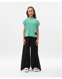 Брюки-палаццо для девочки из сатина с отлетными деталями черные Gulliver