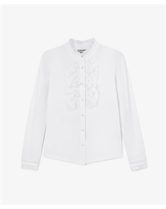 Блузка трикотажная для девочки с кружевным жабо и жемчужными пуговицами белая Gulliver