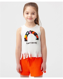 Майка из вискозы укороченная с бахромой и разноцветным принтом белая для девочки Button blue