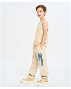 Брюки спортивные детские бежевые с поясом на резинке и принтом Button blue