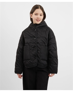 Куртка плащевая стёганая без воротника с отстегивающейся манишкой с капюшоном черная для девочки Gulliver