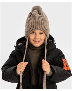 Шапка бини с ушками на завязках и с помпоном утепленная бежевая детская Button blue