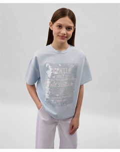 Футболка для девочки оверсайз с декором из прозрачных пайеток голубая Gulliver