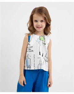 Блузка из поплина с крупным динамичным рисунком белая для девочек Gulliver