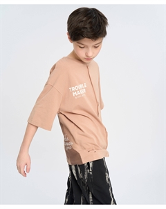 Футболка оверсайз с коротким рукавом для мальчика бежевая с принтом Button blue