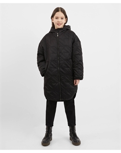 Пальто плащевое стёганое без воротника с отстегивающейся манишкой с капюшоном черное для девочки Gulliver