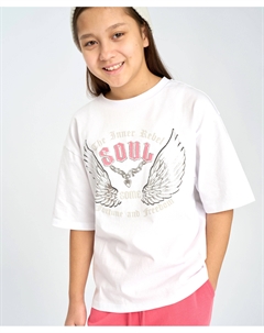 Футболка с коротким рукавом для девочки белая оверсайз с принтом Button blue