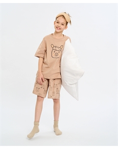 Пижама с футболкой оверсайз и шортами для девочки коричневая с принтом Button blue
