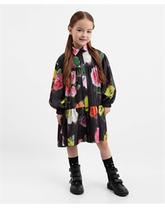 Платье текстильное с длинным рукавом А-силуэта с цветочным принтом для девочки Gulliver