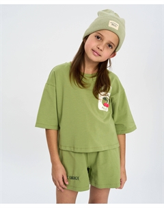 Футболка кроп топ для девочки зеленая оверсайз с принтом Button blue