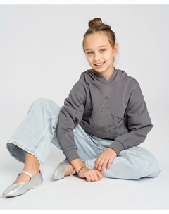 Худи для девочки серое оверсайз с капюшоном и аппликацией Button blue