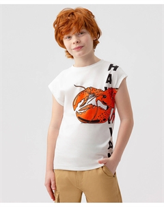 Майка из хлопка с ярким принтом белая для мальчика Button blue