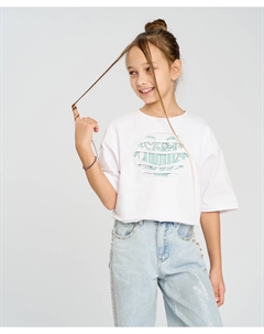 Футболка кроп топ для девочки белая с принтом Button blue
