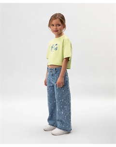 Джинсы для девочки силуэта палаццо с дистрой-эффектом синие Gulliver