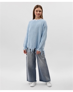 Джинсы для девочки палаццо с необработанными краями и горизонтальными разрезами синие Gulliver