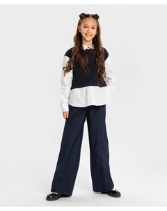 Брюки палаццо прямые с защипами синие Button blue