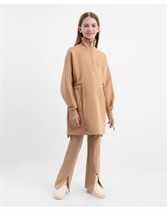 Платье трикотажное с длинным рукавом и воротником на молнии коричневое для девочки Gulliver