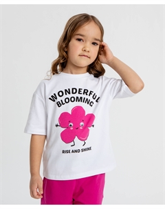 Футболка оверсайз с цветочным и шрифтовым принтом белая для девочки Button blue