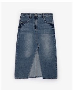 Юбка джинсовая трапециевидной формы с треугольным разрезом спереди голубая Glvr