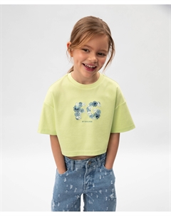 Футболка укороченная для девочки из мерсеризированного трикотажа с декором салатовая Gulliver