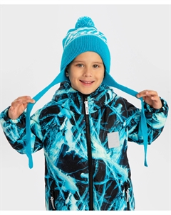 Шапка бини Байкал с ушками на завязках и с помпоном голубая для мальчика Button blue