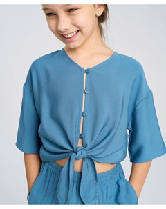 Блузка с коротким рукавом синяя укороченная с узлом для девочки Button blue