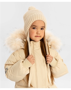 Шапка бини с ушками на завязках и с помпоном бежевая детская Button blue