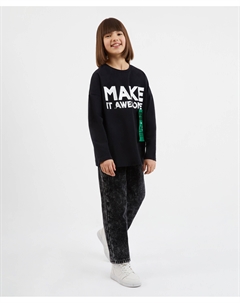 Джинсы на флисе для девочки силуэта Mom-fit с мраморной варкой черные Gulliver